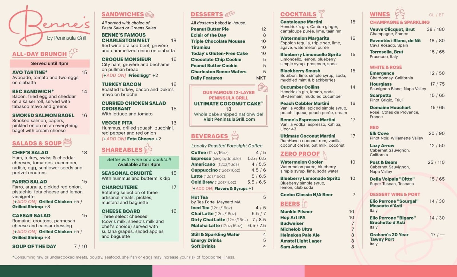 Benne's all-day menu spread with sandwiches, desserts, cocktails and wines in pink and green