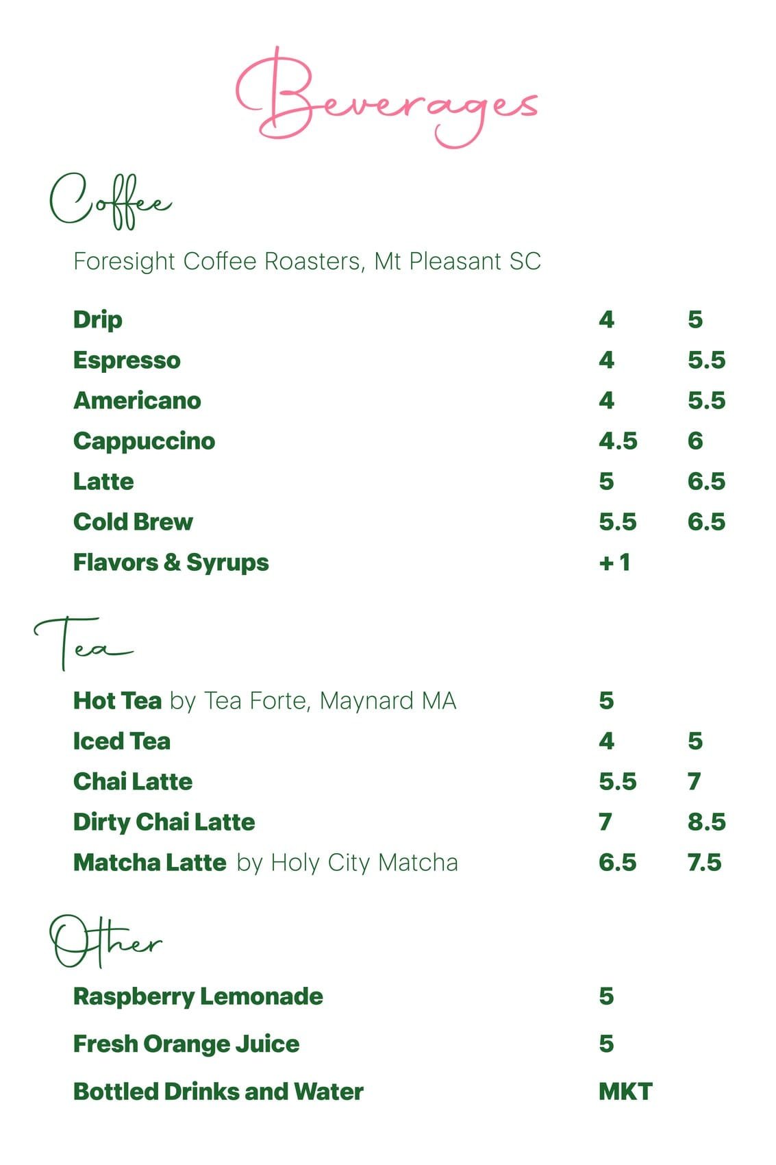 Benne's beverages menuboard listing coffee, tea and other drinks with script section titles