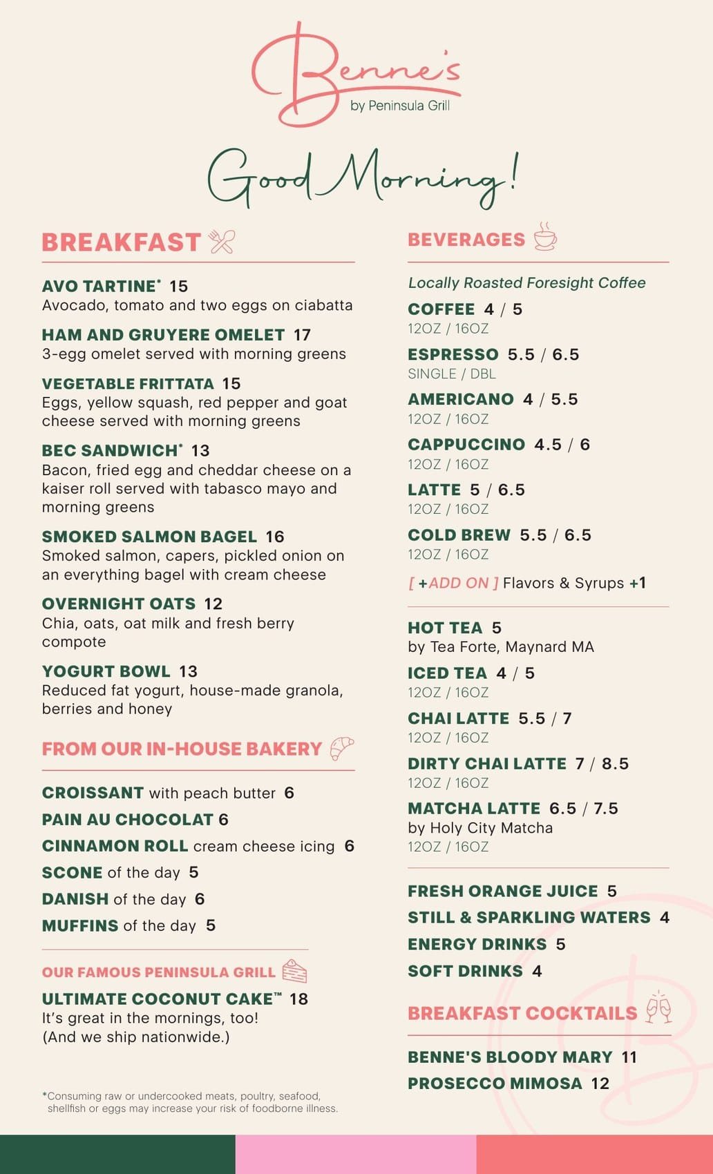 Benne's breakfast and beverages menu in cream, pink and green with a Good Morning script heading