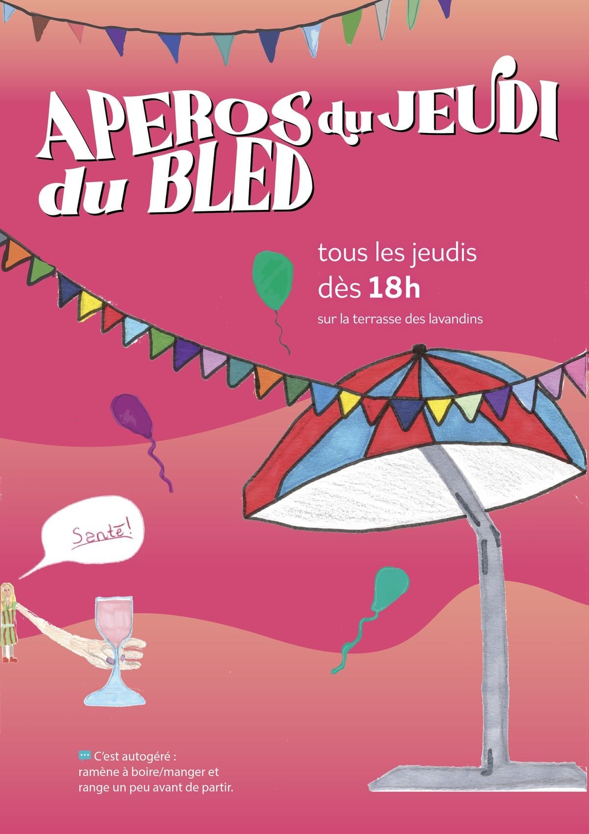 Pink Thursday aperitif poster with bunting and a parasol