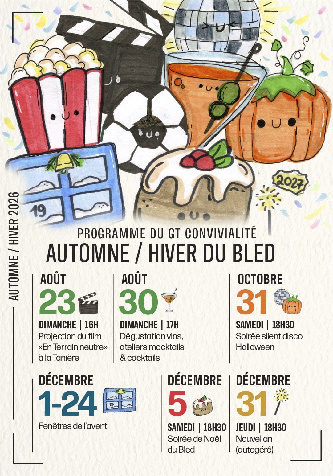Autumn and winter event programme poster with illustrated characters and a date calendar