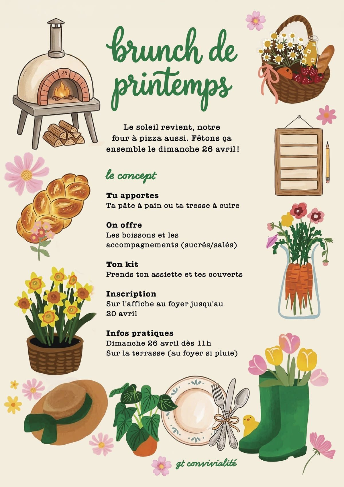 Illustrated spring brunch poster with flowers, bread and a pizza oven