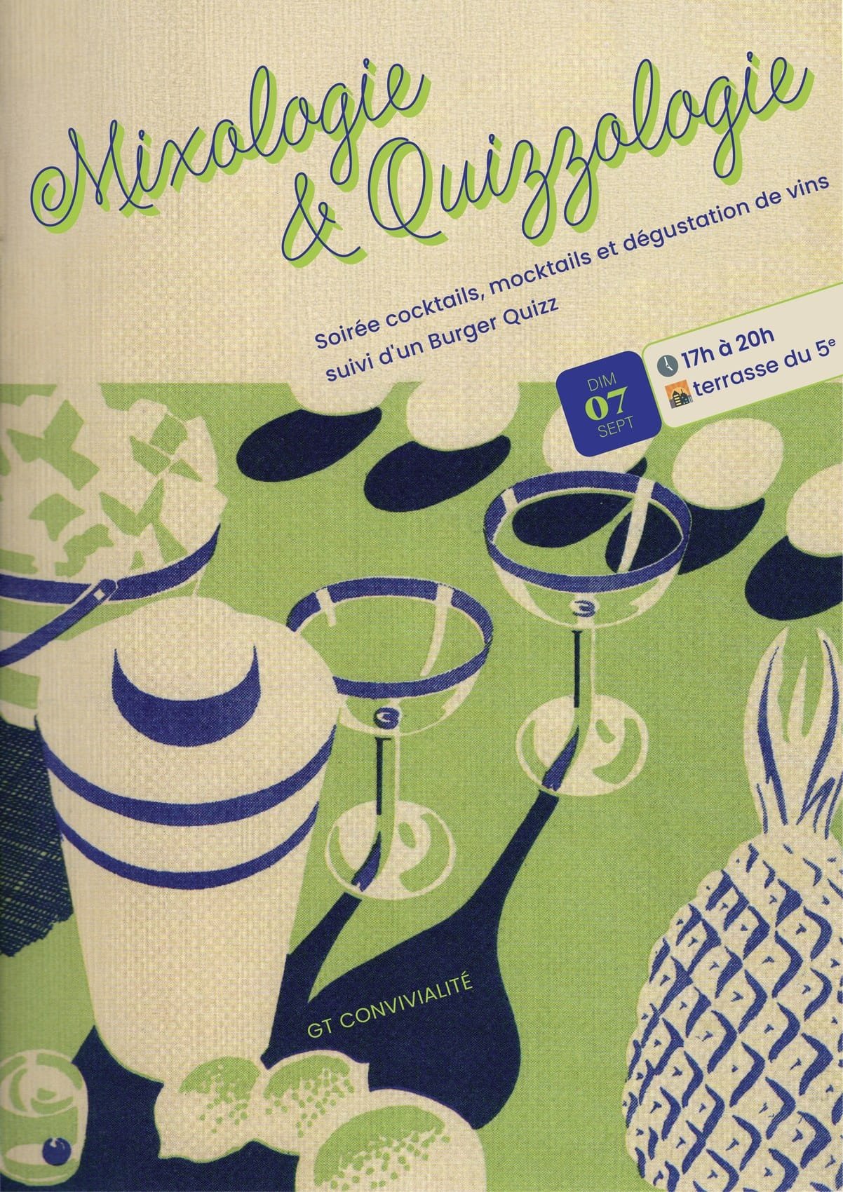 Green cocktail and quiz night poster with illustrated glasses and a shaker