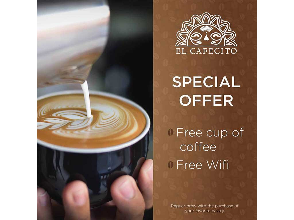 El Cafecito special offer card showing latte art beside a free coffee and free wifi promotion