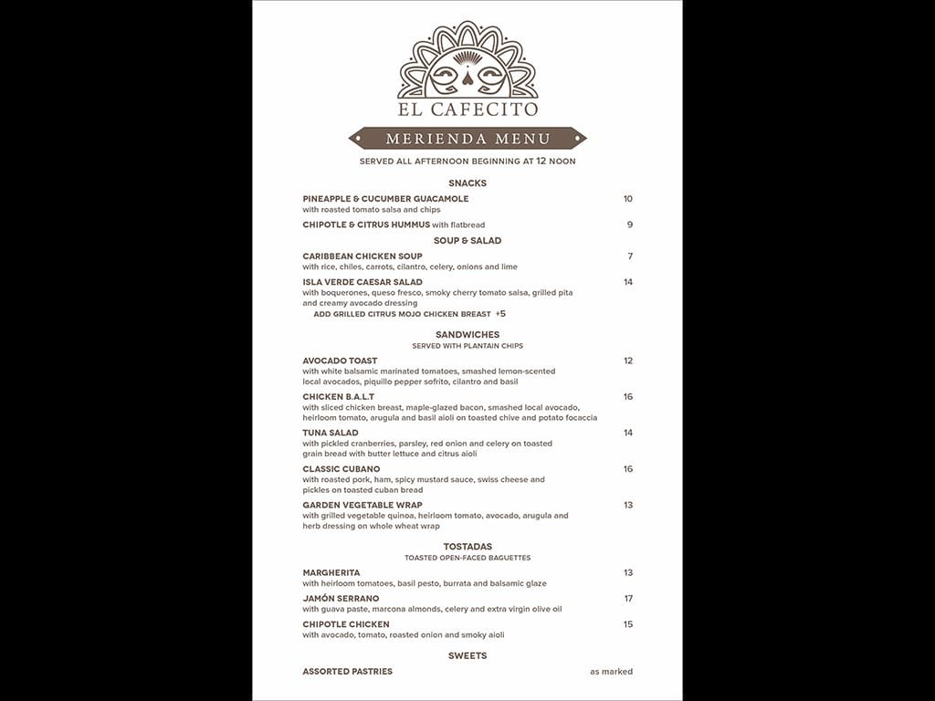 El Cafecito merienda menu with snacks, sandwiches and tostadas