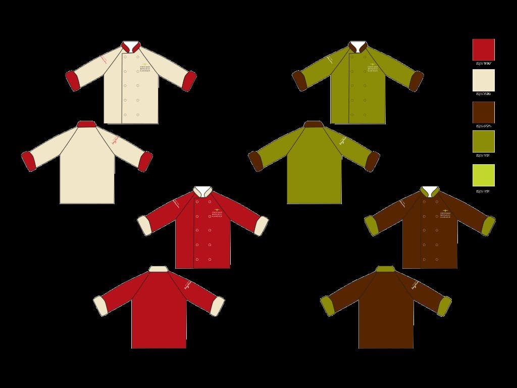 Chef coat uniform designs in cream, red, olive and brown with matching colour swatches