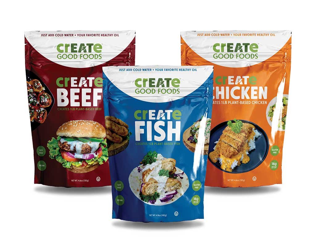 Three crEATe Good Foods pouches for plant-based beef, fish and chicken