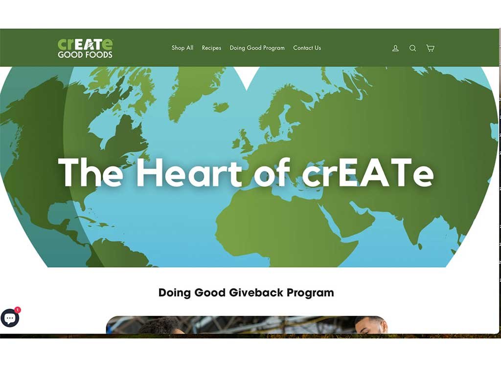 crEATe Good Foods website page titled The Heart of crEATe over a world map