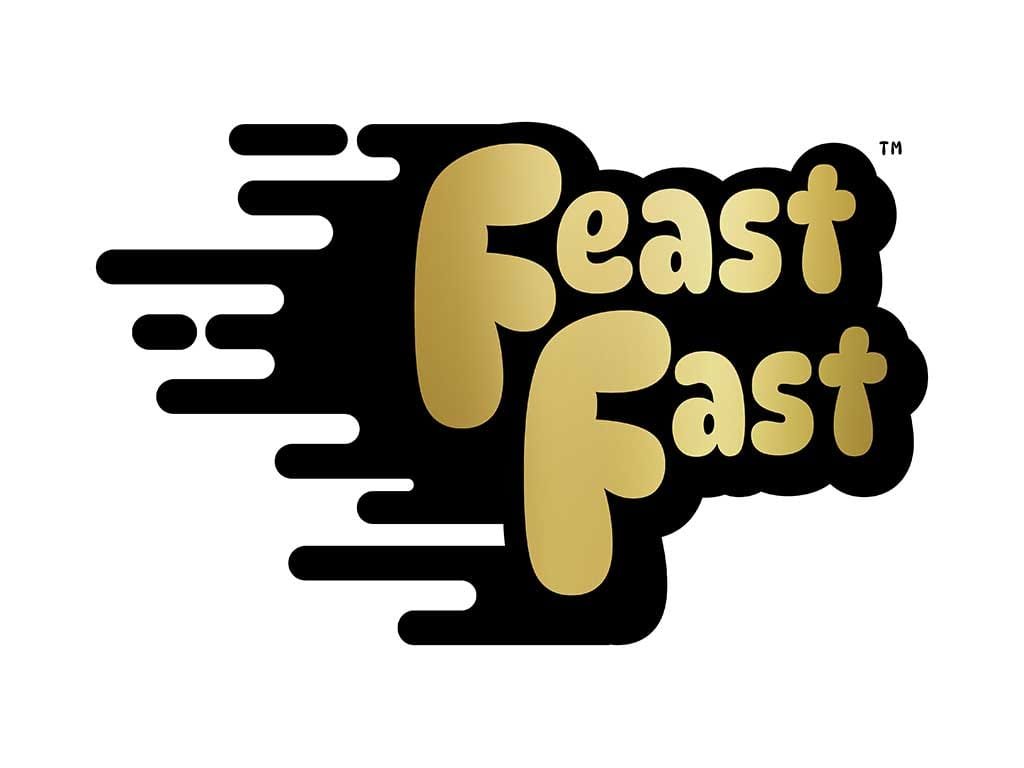 Feast Fast logo in gold bubble lettering with black speed lines