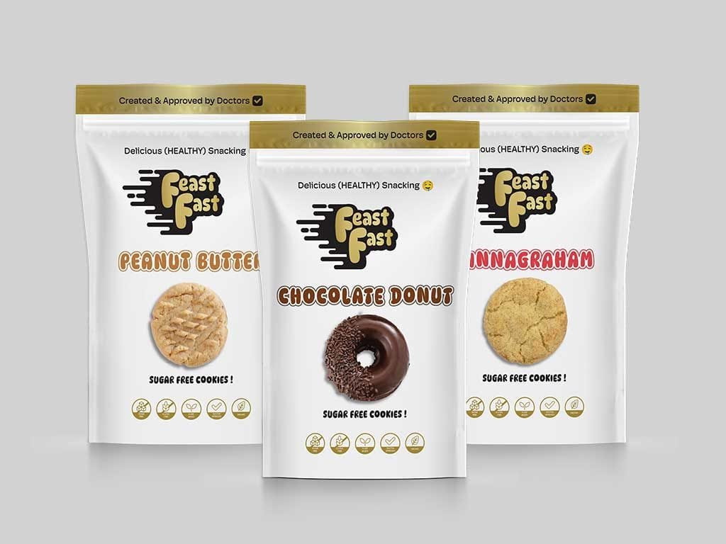 Three Feast Fast cookie pouches: peanut butter, chocolate donut and cinnagraham