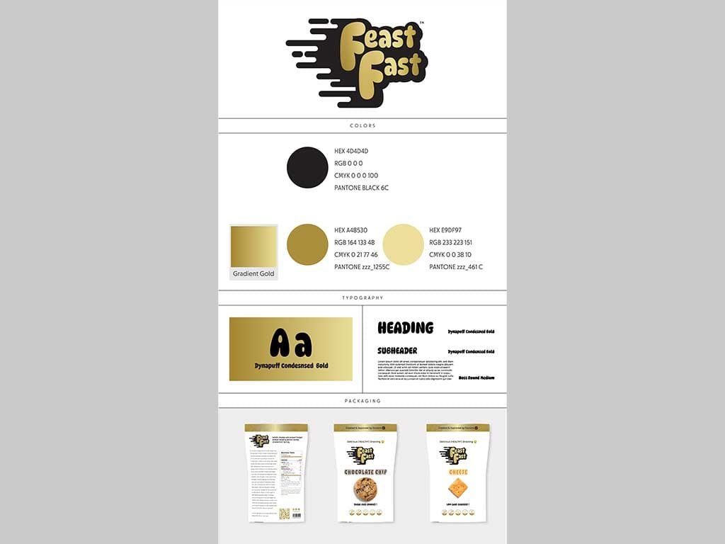 Feast Fast brand guide page with logo, colours, typography and packaging