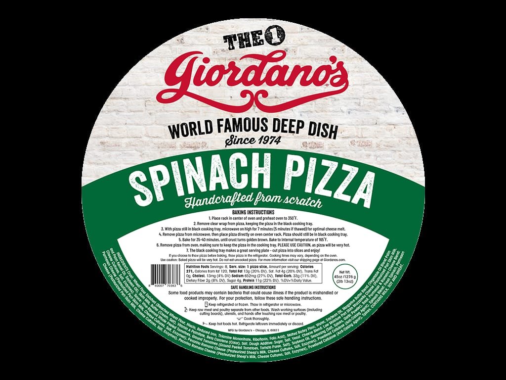 Giordano's Spinach Pizza round label in green