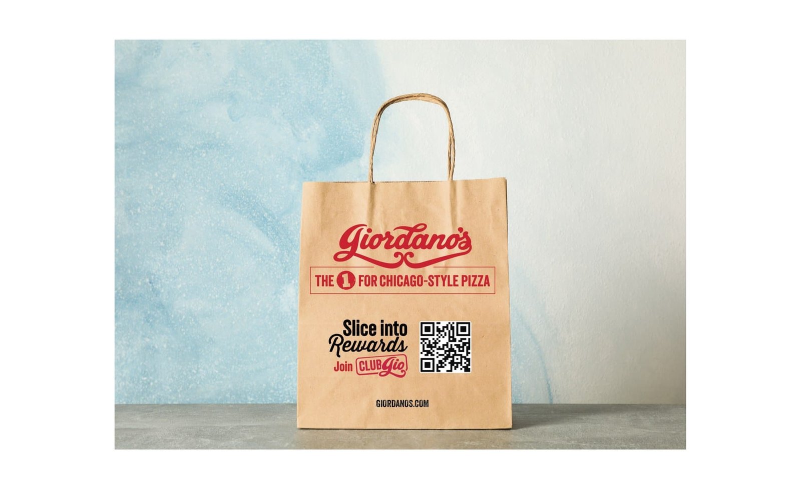 Giordano's kraft paper carryout bag with rewards QR code