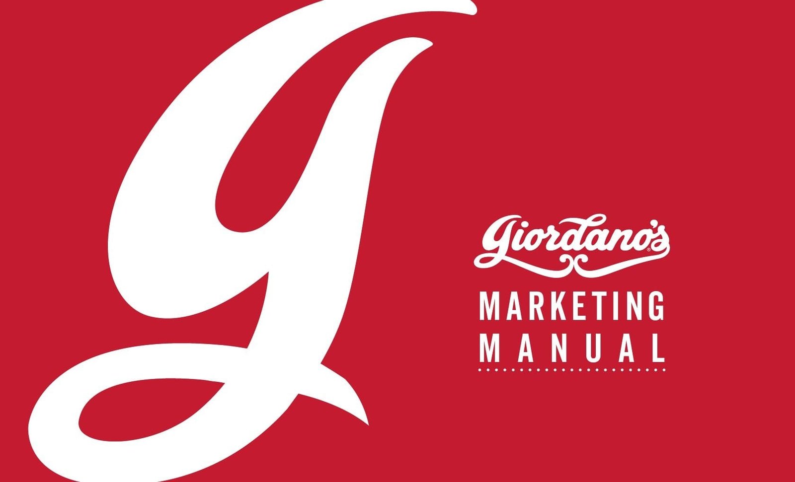 Giordano's marketing manual cover with a large white script G on red