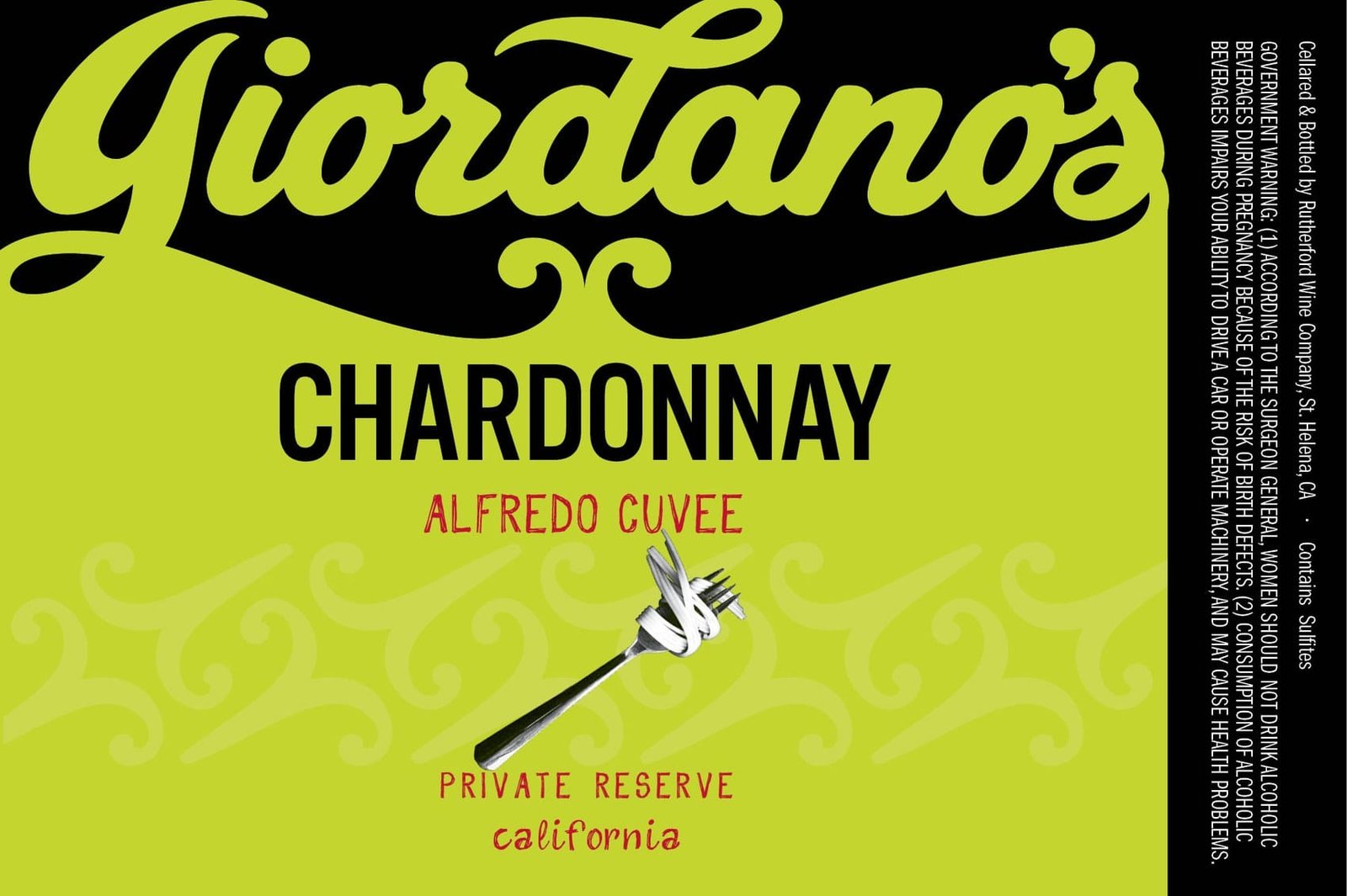 Giordano's Chardonnay Alfredo Cuvee wine label in lime green and black
