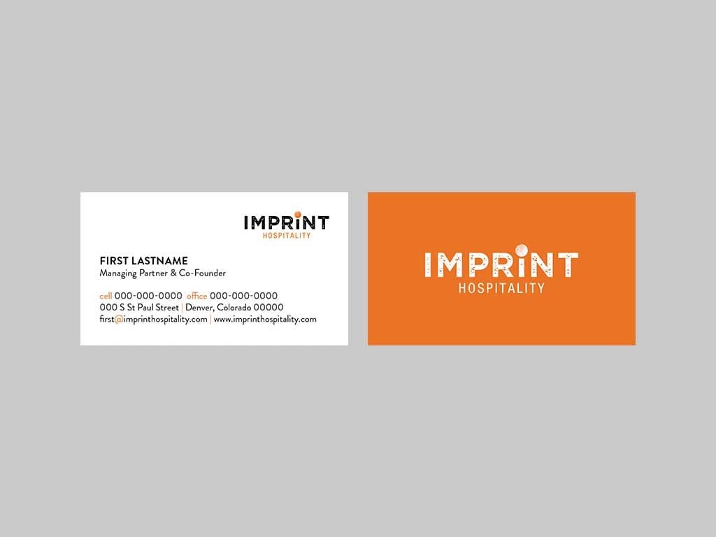 Imprint Hospitality business card, front and back