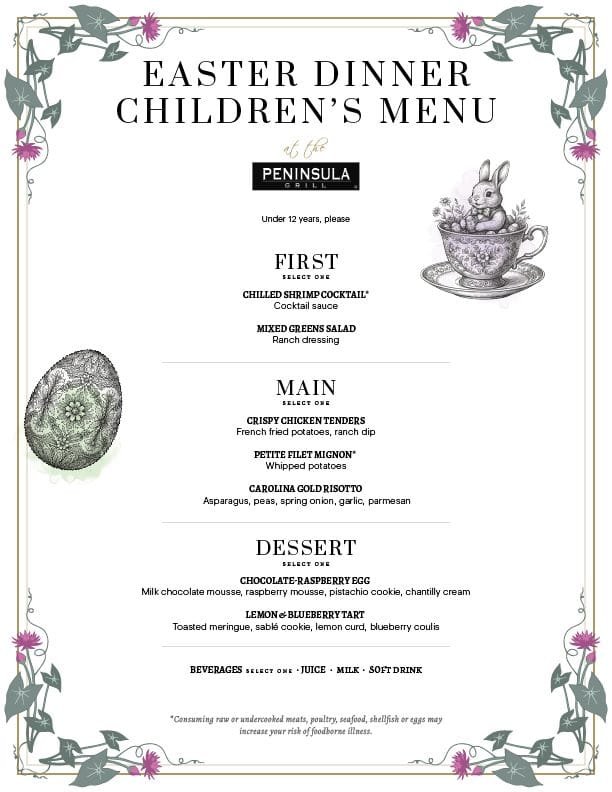 Peninsula Grill Easter dinner children's menu with an illustrated rabbit and egg