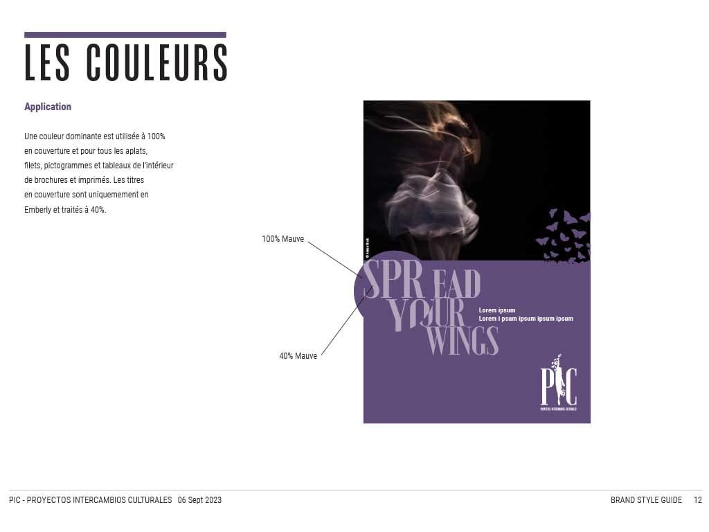 PIC brand guide colour page with a Spread Your Wings poster
