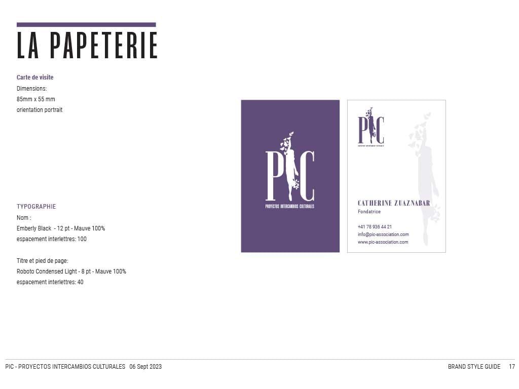 PIC brand guide stationery page with a business card