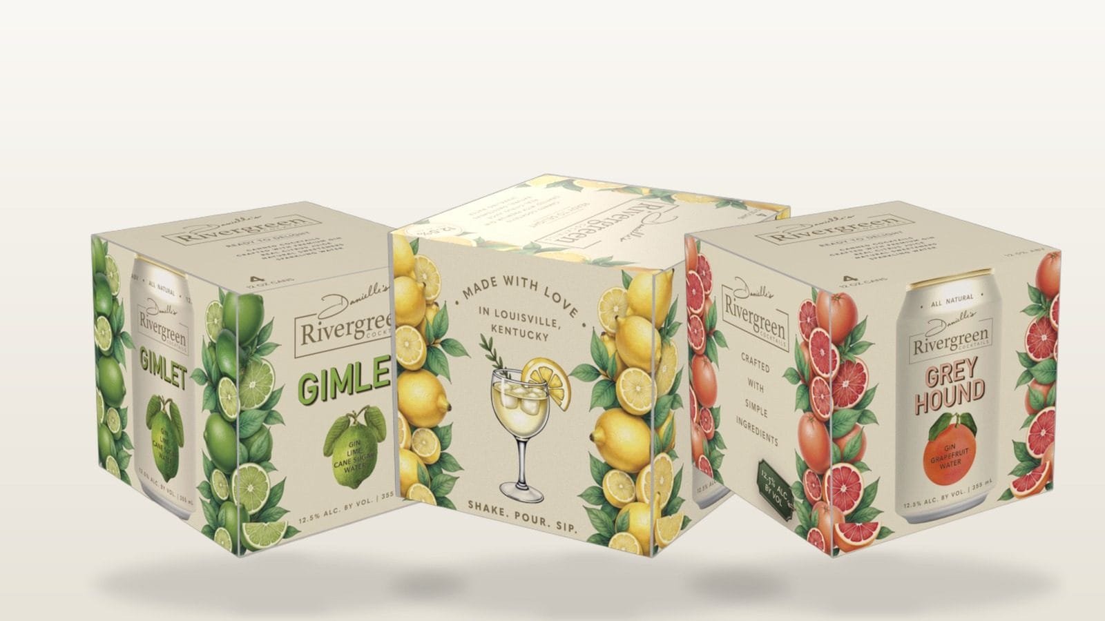 Rivergreen four-pack boxes with lime, lemon and grapefruit illustrations