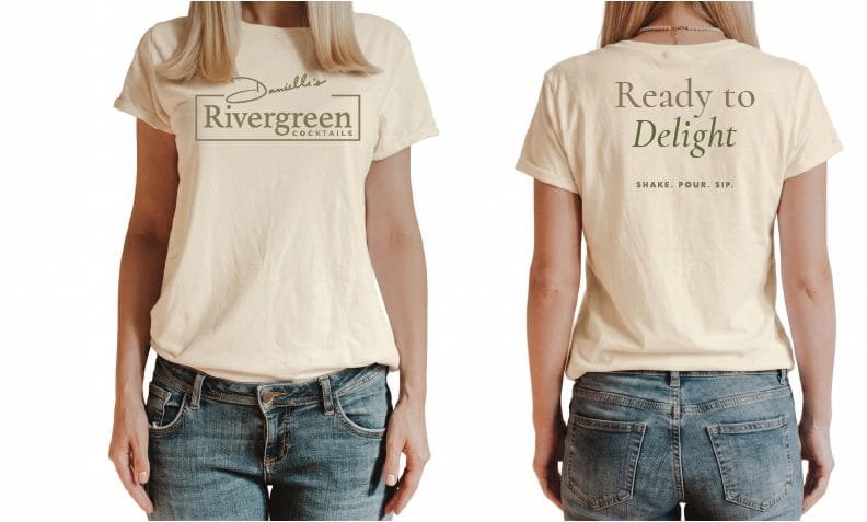 Cream Rivergreen t-shirt, front with logo and back reading Ready to Delight