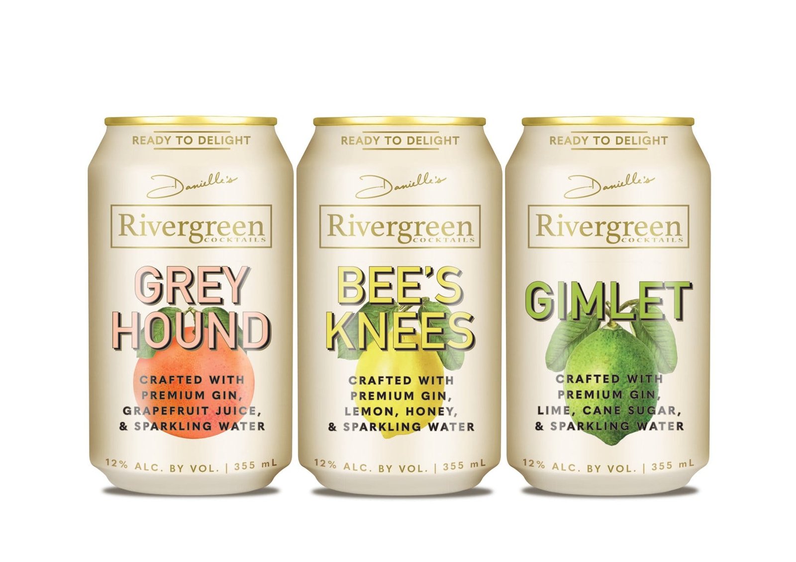 Three Rivergreen cans: Greyhound, Bee's Knees and Gimlet
