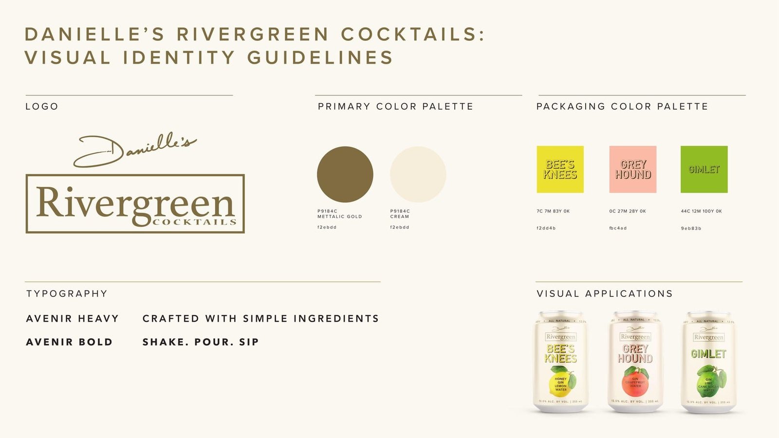 Rivergreen visual identity guidelines with logo, colours, typography and cans