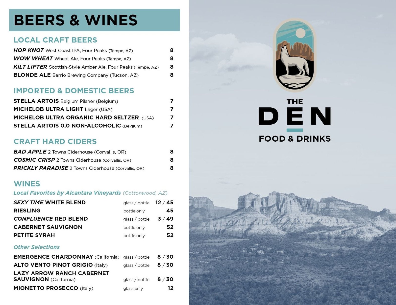 The Den beers and wines menu with a food and drinks cover featuring a desert landscape
