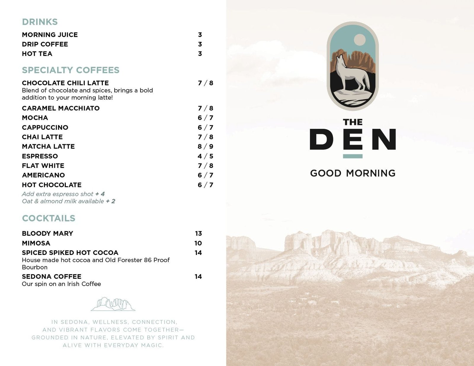 The Den good morning menu with coffee and cocktails